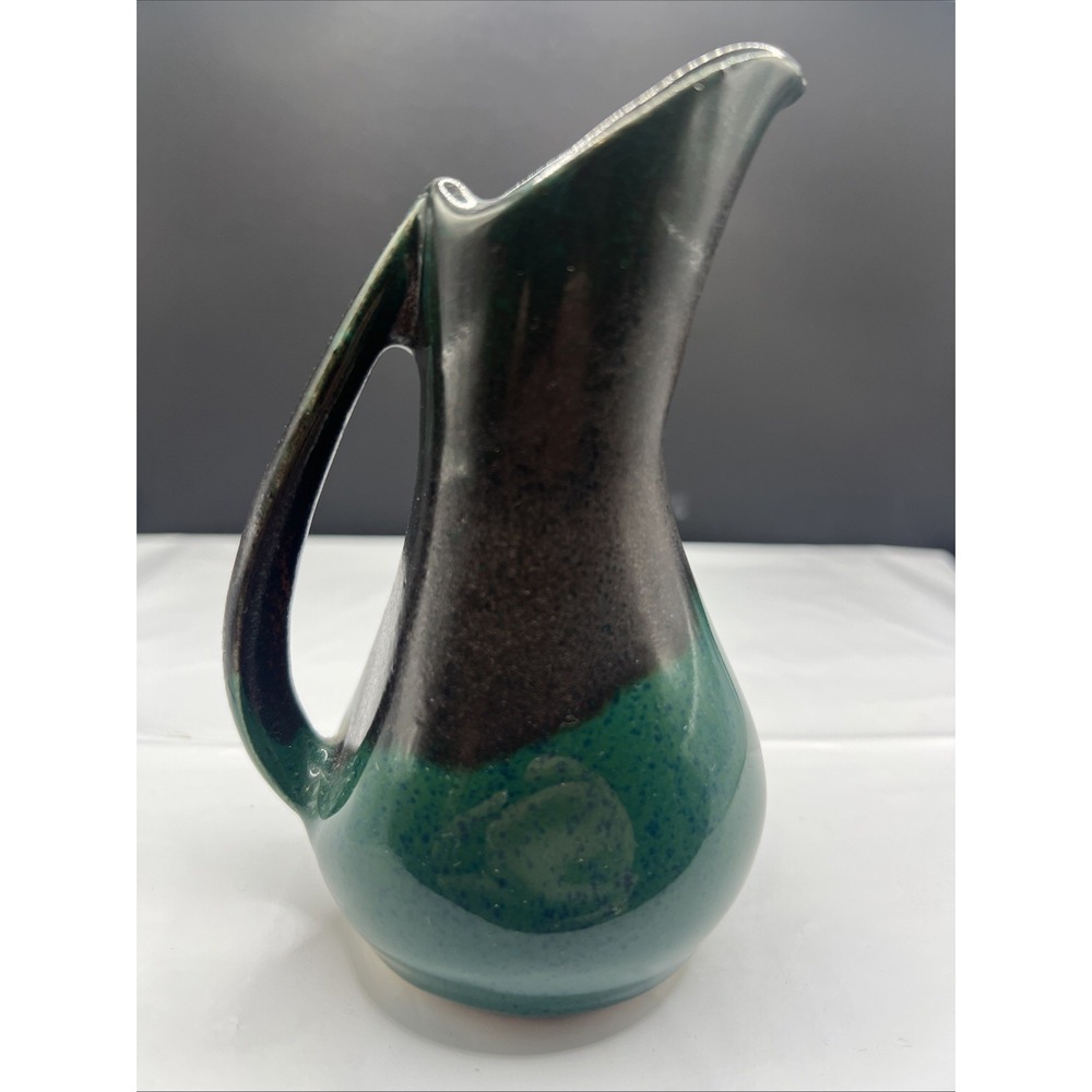 Artisan Studio Pottery Pitcher Signed JFR 2007 Green Brown Drip Glaze Creamer